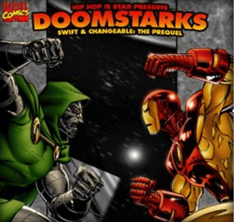 Comic book cover featuring two superhero characters with text about 'Doomstarks' and 'Swift & Changeable: The Prequel'.