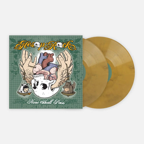 Vinyl record with a colorful cover featuring wings and skulls on a white background