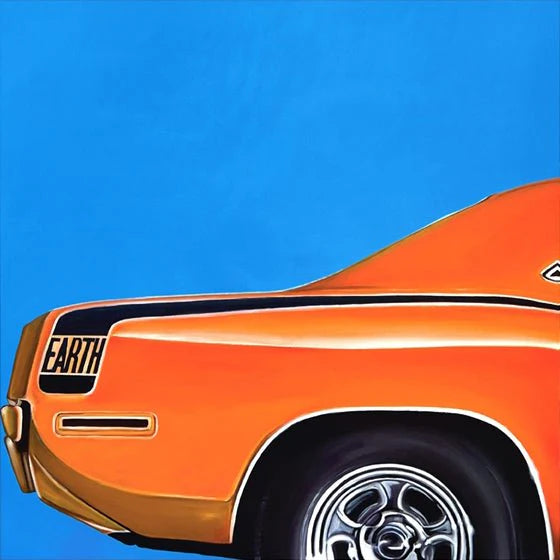 Orange car with 'EARTH' logo on a blue background