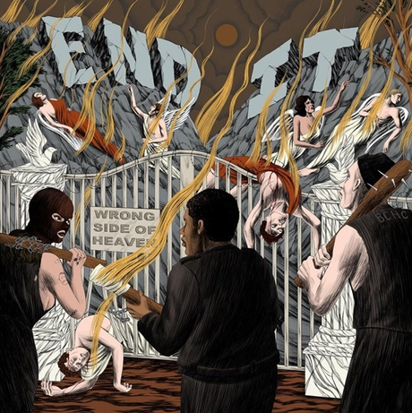 Artistic depiction of a man interacting with figures on a 'Wrong Side of Heaven' gate, with text and flames in the background.