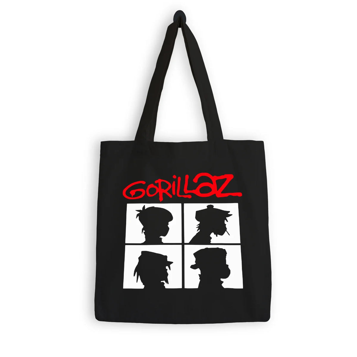 A black canvas tote bag featuring the red 'Gorillaz' band logo and a white four-panel graphic with black silhouettes of band members, shown against a plain white background.