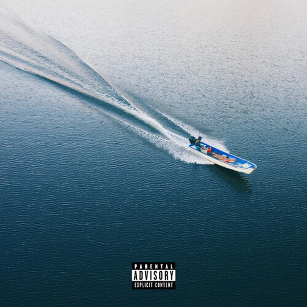 Speedboat on a body of water with a 'Parental Advisory' label at the bottom.