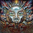 Colorful abstract artwork with intricate designs and a central face-like figure.
