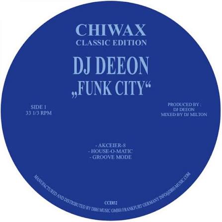 A blue circular vinyl record label with white text reading 'CHIWAX CLASSIC EDITION DJ DEEON "FUNK CITY"' and additional track/distribution text, shown on a white background.