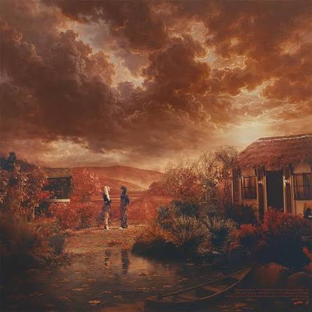 A dramatic oil painting of a rustic village scene under a stormy, golden-brown sky. Two small figures stand near a stream in the foreground, with old wooden buildings, dense foliage, and a boat visible.
