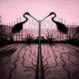 A decorative metal gate with two large crane silhouettes and a central spiral motif, shown in a symmetrical garden setting with a pinkish-purple sky and strong shadows.