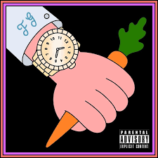 A stylized illustrated product graphic showing a pink hand wearing a gold watch with a carrot-shaped strap, set against a black background with a purple border and a parental advisory label in the lower right.