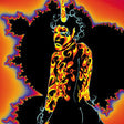 Surrealistic image of a humanoid figure with flame-like patterns against a dark background.