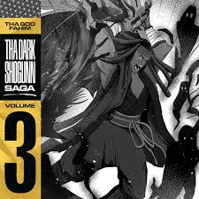 Book cover of 'The Dark Shogun Saga' Volume 3 with a stylized character in black and white.