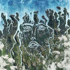 Satellite view of a forested area with water bodies