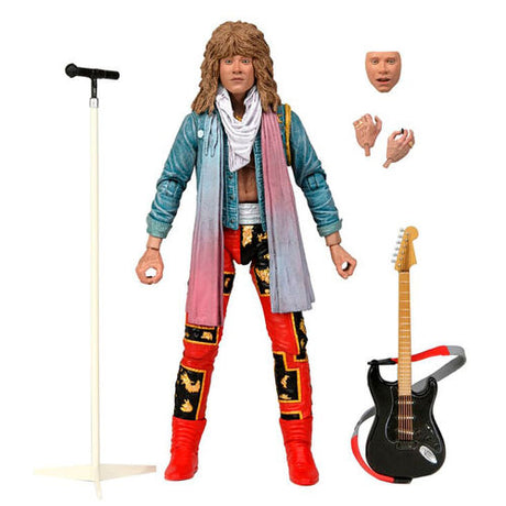Action figure with accessories including a guitar, stand, and extra head on a white background