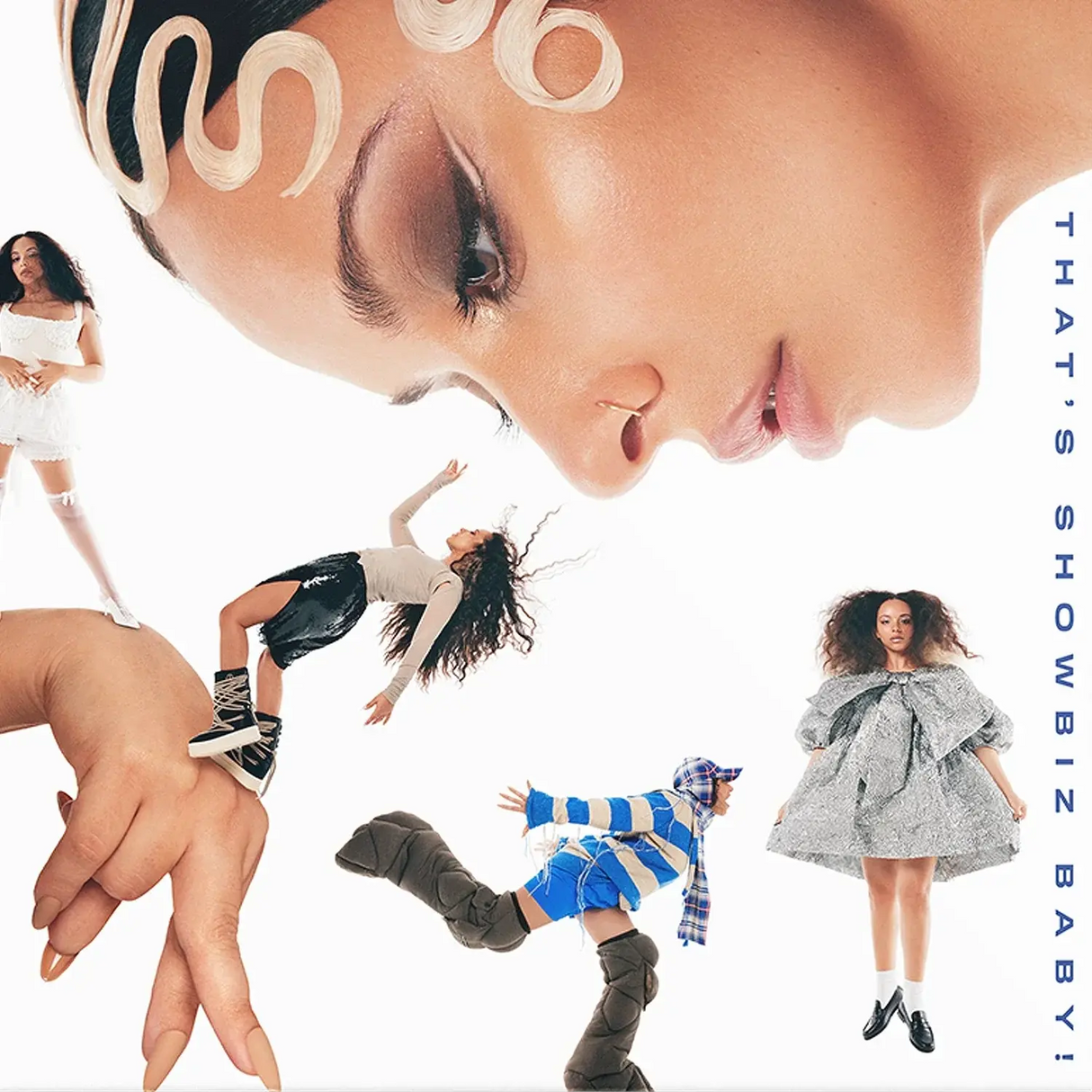 Collage of a woman's face and various poses with text on a white background