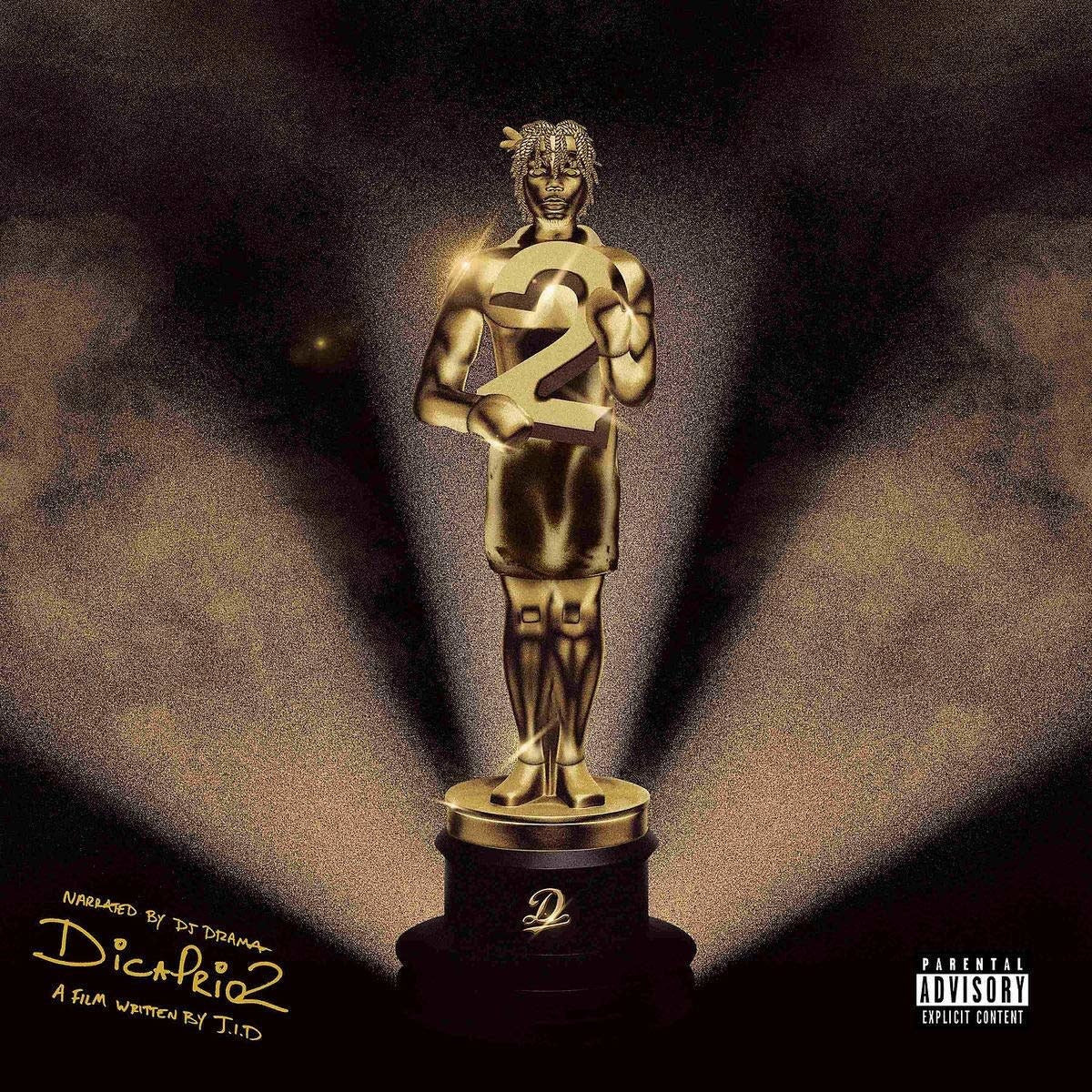 Gold statue with number '2' on a dark background, featuring a parental advisory label.