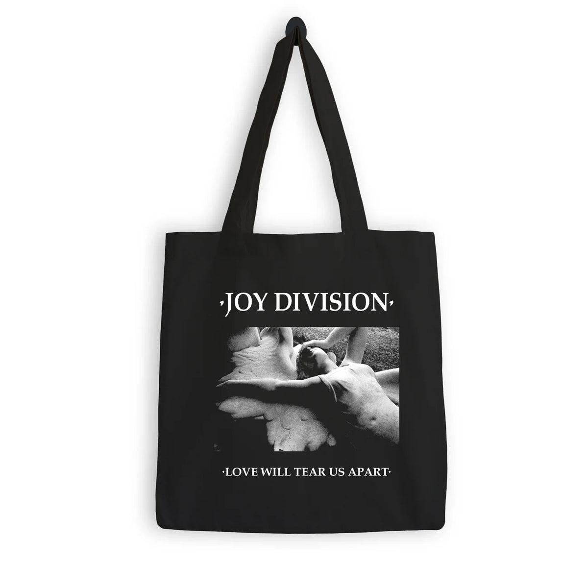 Black tote bag with 'Joy Division' design and text on a white background