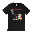 A black short-sleeve crewneck t-shirt featuring a colorful graphic print on the front. The graphic includes the text 'kanYeWest GRADUATION' in red, a cartoon character in a space suit, and a stylized space-themed illustration with a rocket ship and planets.