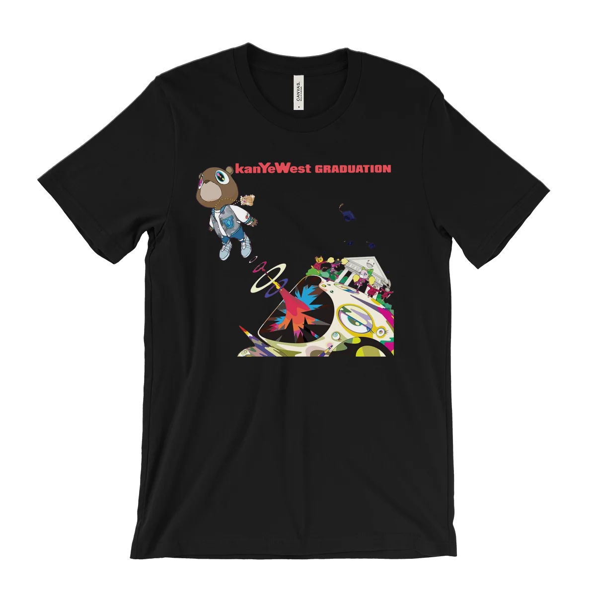 A black short-sleeve crewneck t-shirt featuring a colorful graphic print on the front. The graphic includes the text 'kanYeWest GRADUATION' in red, a cartoon character in a space suit, and a stylized space-themed illustration with a rocket ship and planets.