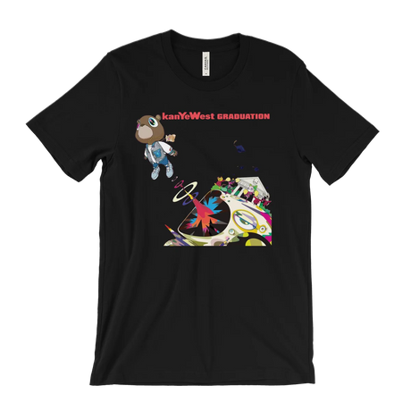 A black short-sleeve crewneck t-shirt featuring a colorful graphic print on the front. The graphic includes the text 'kanYeWest GRADUATION' in red, a cartoon character in a space suit, and a stylized space-themed illustration with a rocket ship and planets.