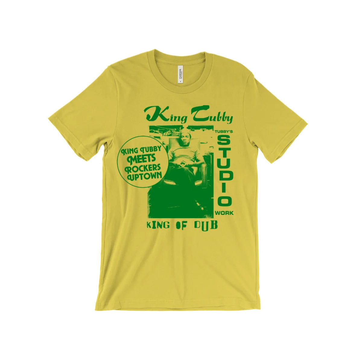 A yellow short-sleeve crewneck t-shirt with a green graphic print on the front featuring the text 'King Tubby Studio' and 'King of Dub'.