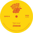 Yellow vinyl record label with red text and graphics for Jéroboam's 'Night Away'.