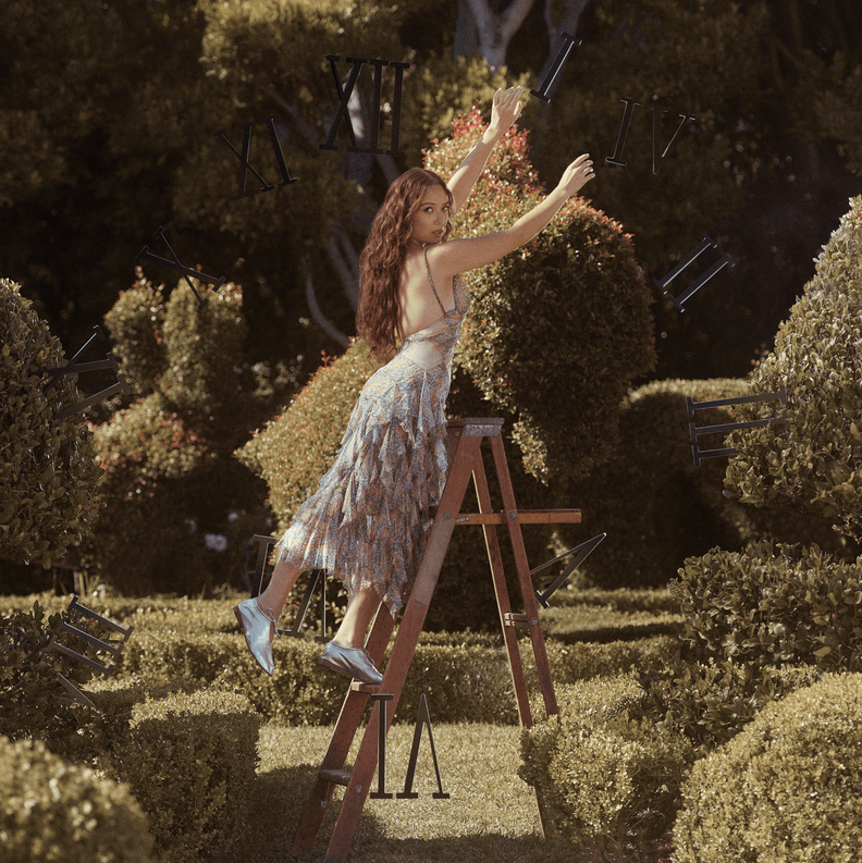 Woman on a ladder in a garden with text overlay