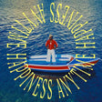 A square album-cover style artwork showing a person standing in a small red, white, and blue boat on blue water, with large yellow text arcing around the image reading 'HAPPINESS ANYTIME.'.