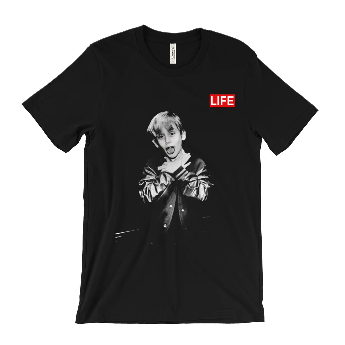A black short-sleeve crewneck t-shirt featuring a black and white graphic print of a young man in a leather jacket, with a red rectangular box containing the word 'LIFE' printed on the chest.
