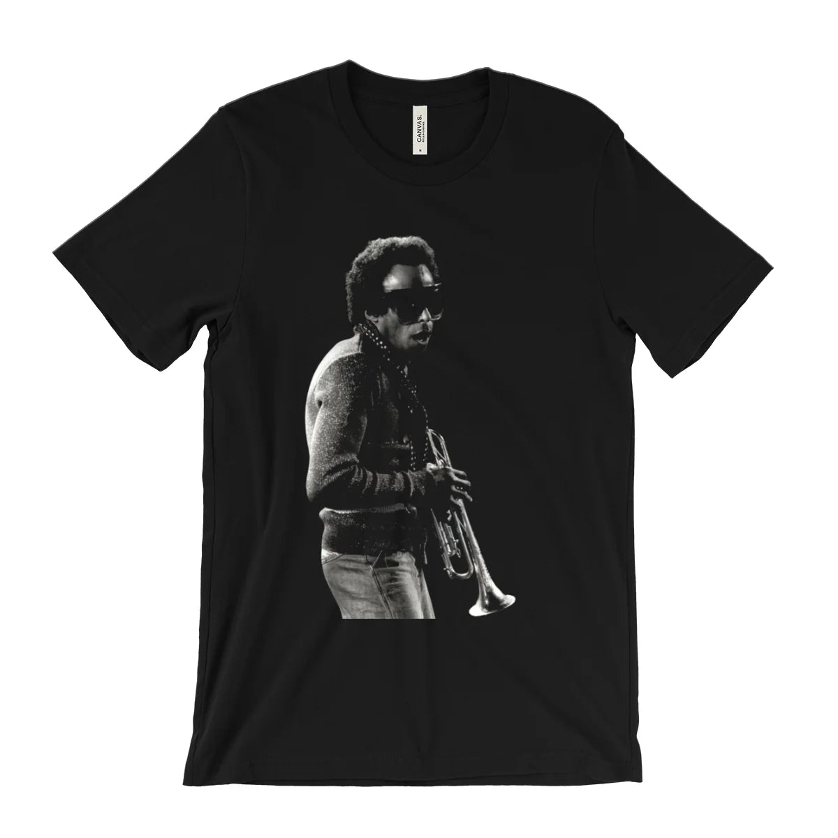 A black short-sleeve crewneck t-shirt featuring a black and white graphic print of jazz musician John Coltrane holding a trumpet.