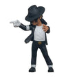 Toy figure of a person in a black outfit with a hat on a white background