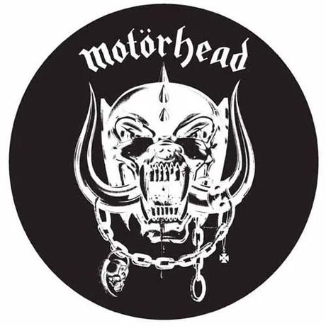 Motorhead logo with a metallic wolf head and chain on a black background