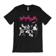 A black short-sleeve graphic t-shirt featuring the pink 'New York Dolls' band logo and a black-and-white photo print of the band members on the front, displayed against a solid white background.