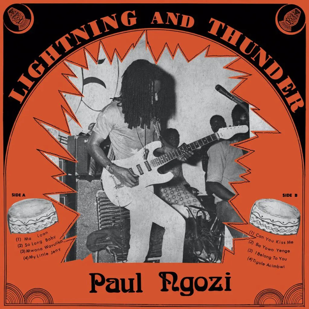  Vinyl record cover for Paul Ngozi - Lightning And Thunder featuring a black and white image of a person playing a guitar with a backdrop of orange and yellow explosion graphics, along with the album title and the artist's name.