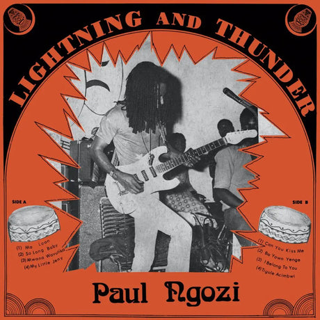  Vinyl record cover for Paul Ngozi - Lightning And Thunder featuring a black and white image of a person playing a guitar with a backdrop of orange and yellow explosion graphics, along with the album title and the artist's name.