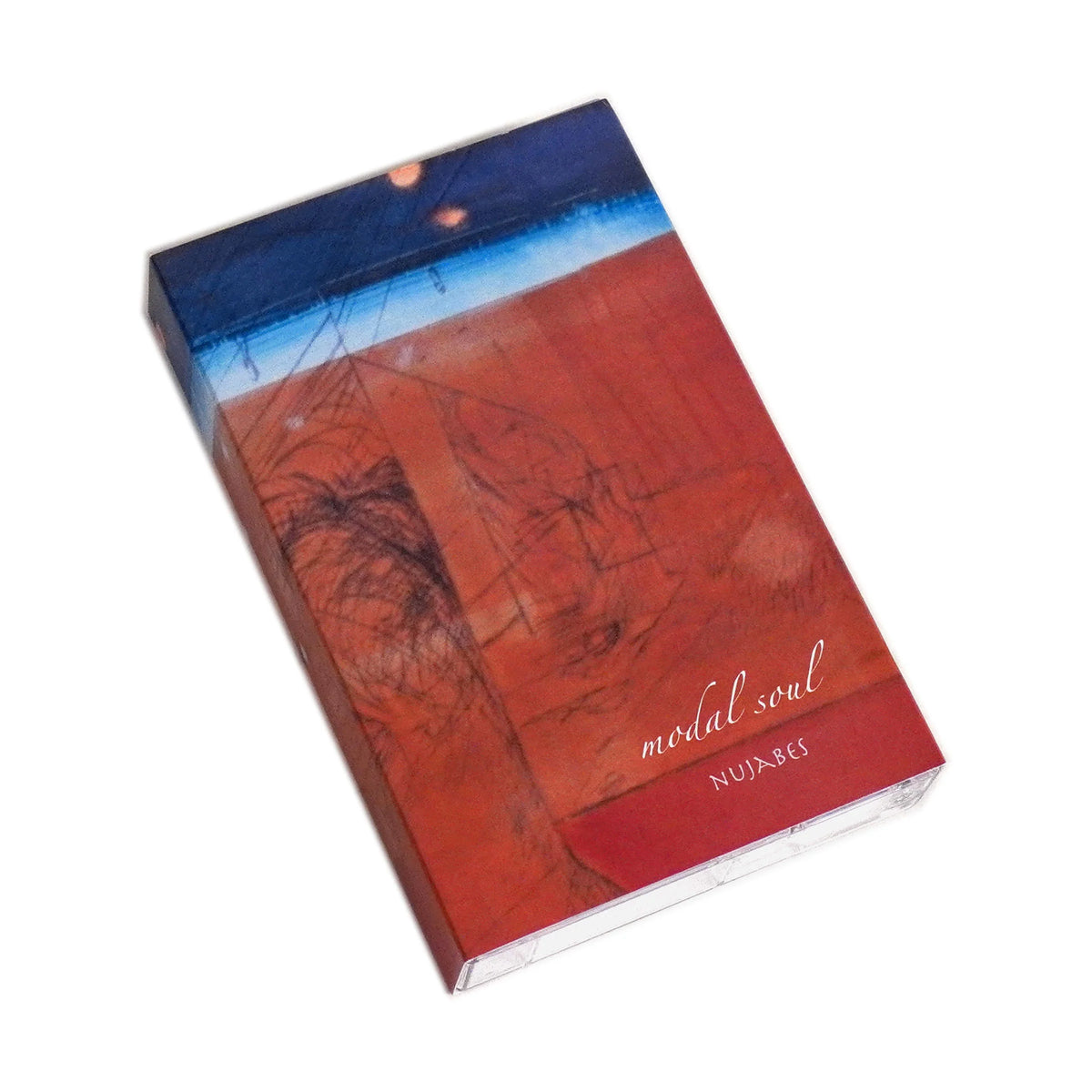 Cassette tape with a red and blue cover design on a white background