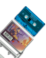 Blue cassette tape with colorful cover on a white background