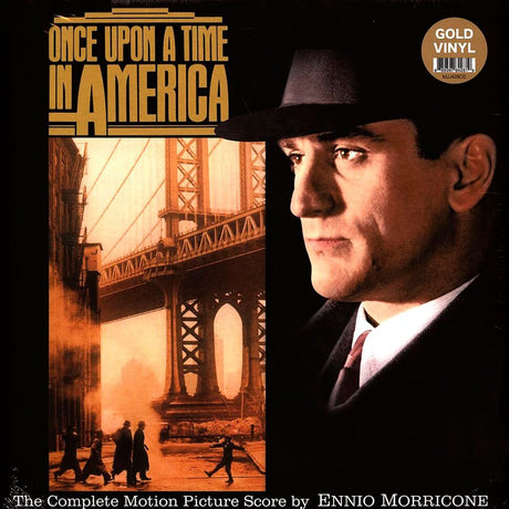 Vinyl record cover for 'Once Upon a Time in America' with a man in a suit and hat, a bridge, and people walking.