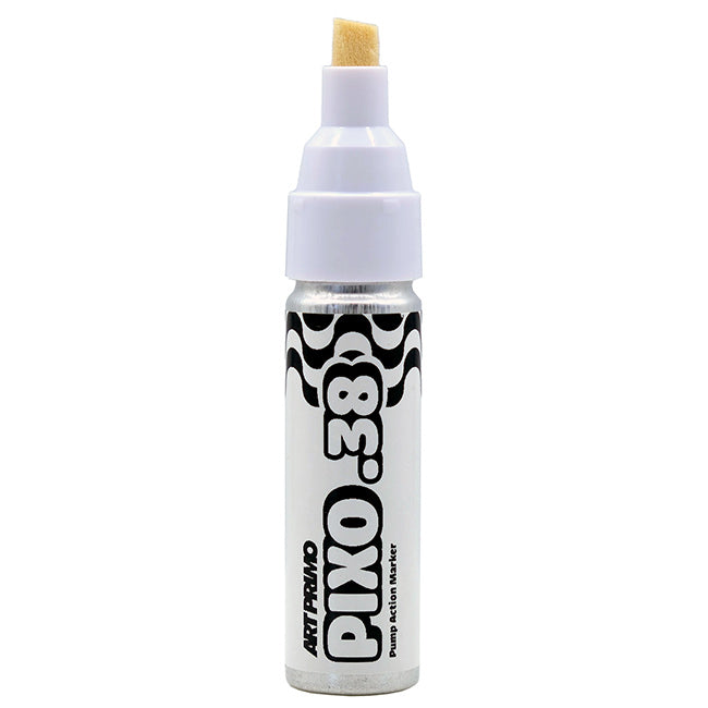 A single bottle of Art Primo Pixo.38 Pump Action Marker paint marker, featuring a white cap, silver body, and black and white graphic design, with a yellow paint tip visible at the top, set against a plain white background.