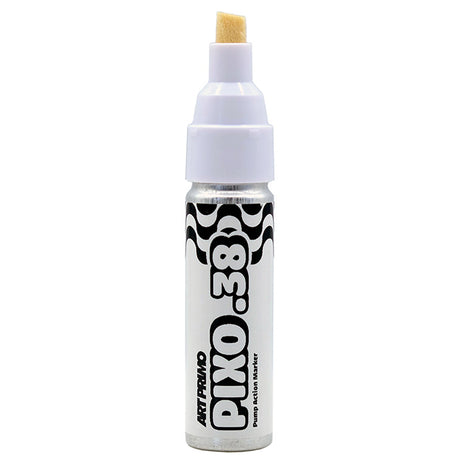 A single bottle of Art Primo Pixo.38 Pump Action Marker paint marker, featuring a white cap, silver body, and black and white graphic design, with a yellow paint tip visible at the top, set against a plain white background.
