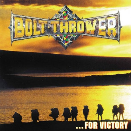 Album cover for 'Bolt Thrower ...For Victory' with silhouettes against a sunset.