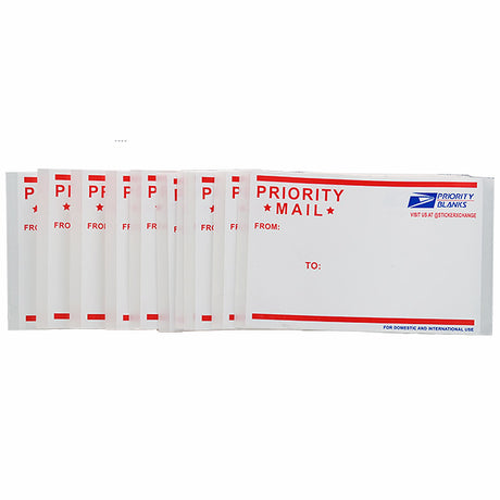 Set of Priority Mail envelopes with red and blue labels on a white background