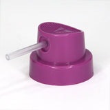 Purple spray paint cap with extended nozzle for fine spray lines.