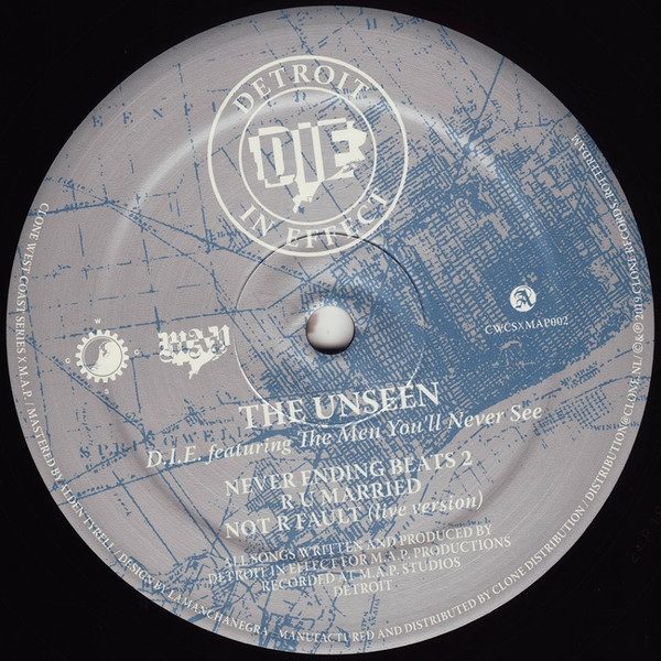 A vinyl record label for 'The Unseen' by D.I.