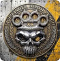 A circular metallic emblem featuring a skull beneath a five-finger knuckle pad with the text 'FIVE FINGER DEATH PUNCH' and 'LEGACY' around the edge, shown on a distressed metal and yellow background.