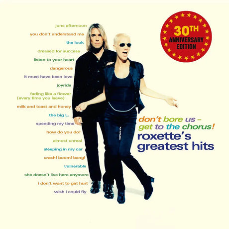 Album cover for Roxette's greatest hits with two women and a 30th anniversary label.