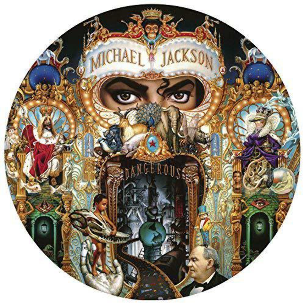 Album cover for 'Dangerous' by Michael Jackson with intricate design and characters.