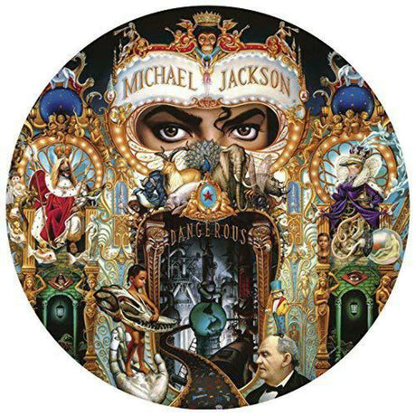 Album cover for 'Dangerous' by Michael Jackson with intricate design and characters.
