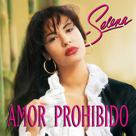 Cover of the album 'Amor Prohibido' by Selena, featuring a black and white photo of Selena with red lipstick and a white shirt.