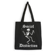 Black tote bag with skeleton graphic and 'Social Distortion' text on a white background