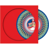 Decorative box with a colorful design and a person holding a book on a red background