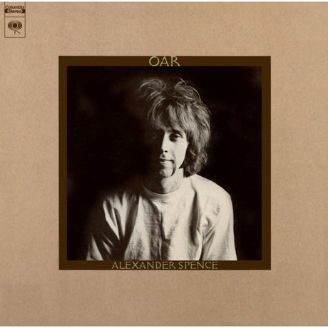 Album cover for 'Oak' by Alexander Spence, featuring a black-and-white portrait of the artist centered on a tan background with a dark brown border.