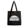 Black tote bag with 'STRATA-EAST' design on a white background
